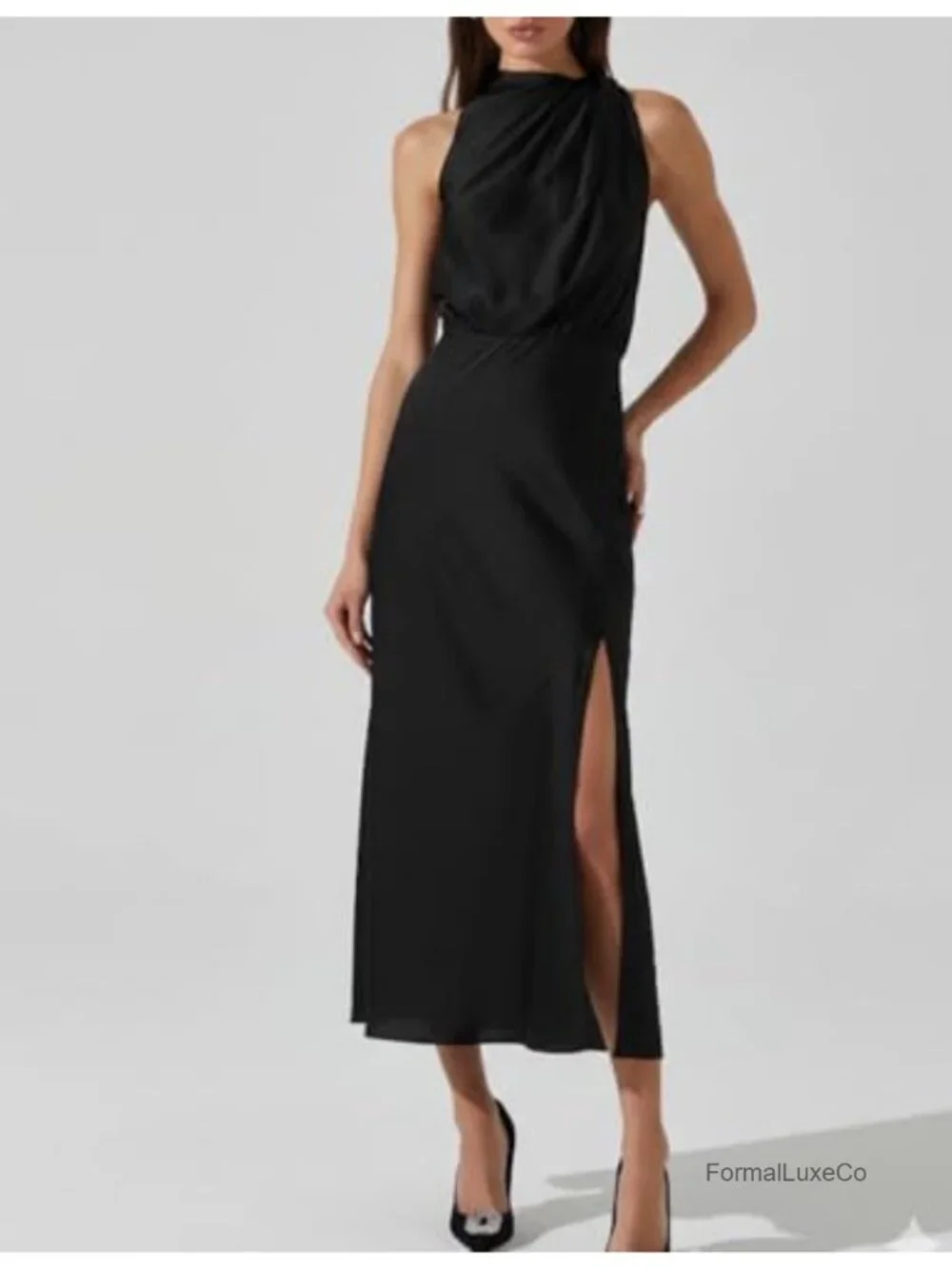Satin High Neck Sleeveless Midi Dress Formal Wedding Guest